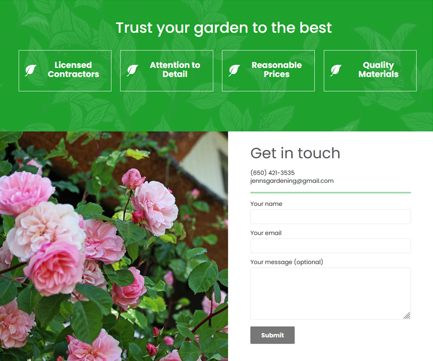 Contact form on a professional gardening website