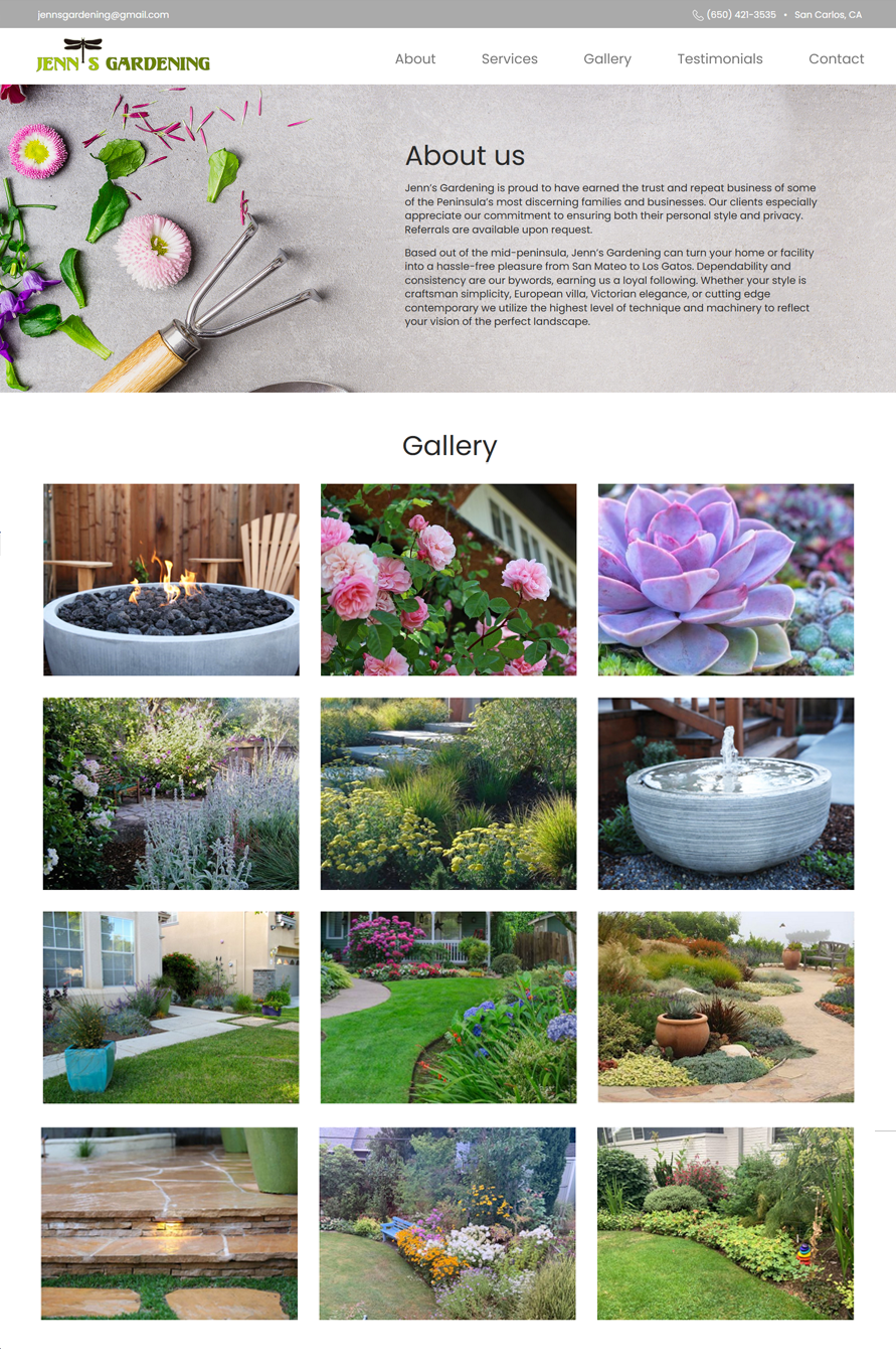 About page on a website for a landscaping company with a photo gallery of projects